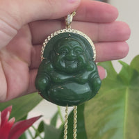 Baikalla™ "Laughing Buddha" Large 14k Yellow Gold Genuine Nephrite Green Jade Buddha Pendant