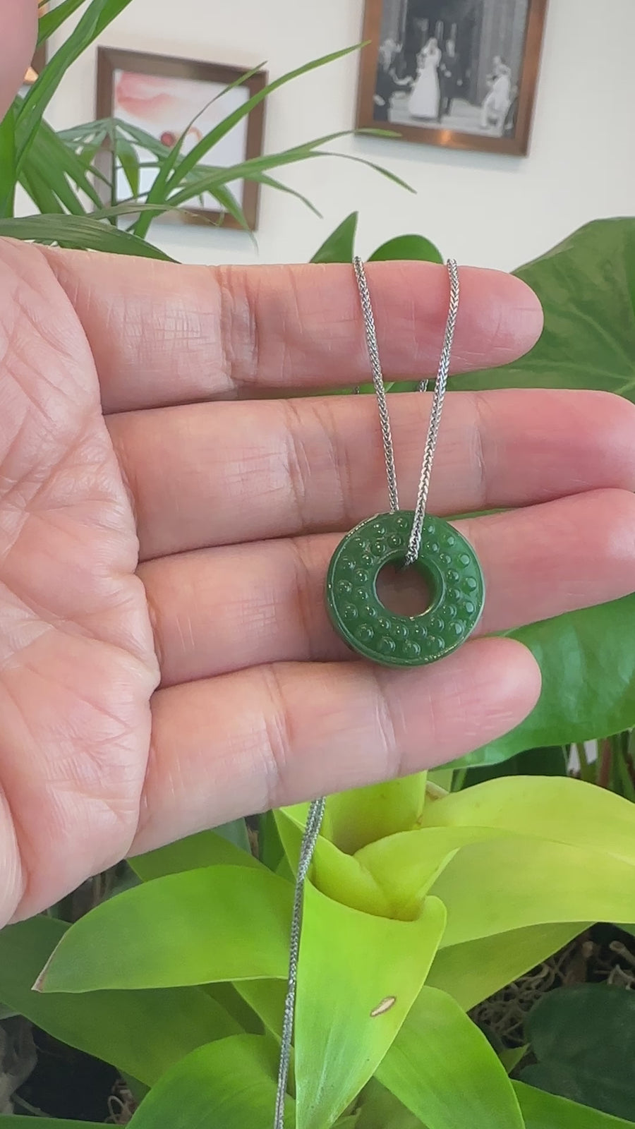 Baikalla™ "Good Luck Button" Necklace Green Nephrite Jade Lucky KouKou Donut Pendant Necklace