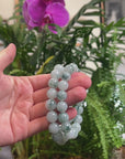 Baikalla Light Blue-Green Flower Genuine Jadeite Jade Large Round Bead Bracelet (12.5mm)