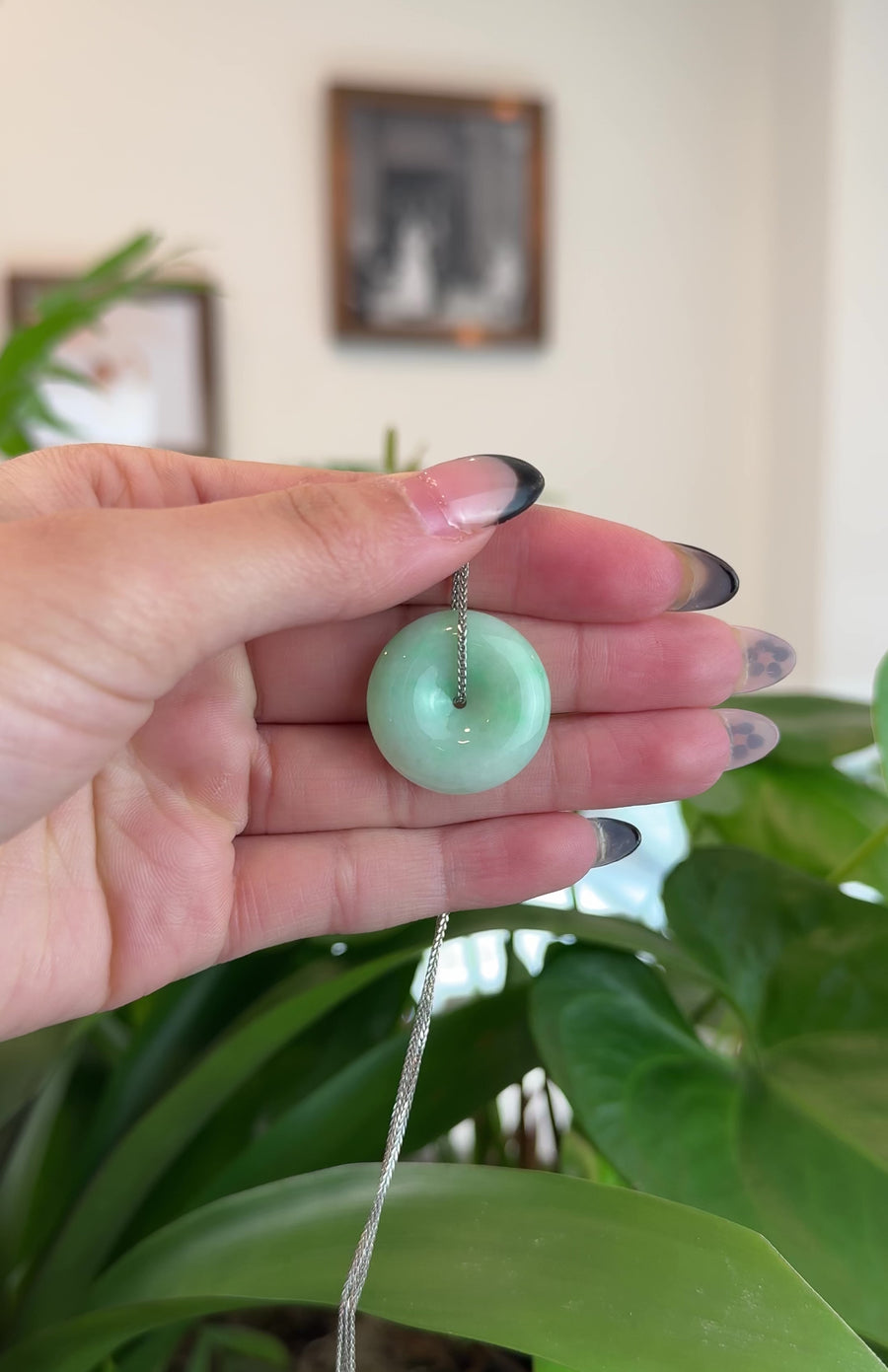 Baikalla "Good Luck Button" Necklace White Green Jadeite Jade Lucky Ping An Kou Pendant