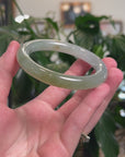 High-End Natural Icy Green W/ Yellow-Green Patch & Sajin (Golden Dust) "Traditional Round" Jadeite Jade Bangle Bracelet (57.5mm) 