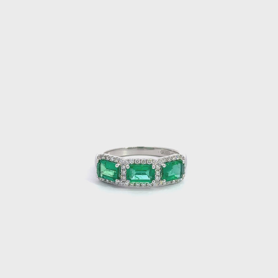 18k White Gold AA Emerald Three Stones Set Halo Band Ring