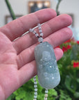 Baikalla Natural Icy Blue-Green Jadeite Jade "Happy Buddha & Bat" Pendant W/ Beaded Necklace