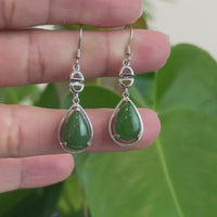 Sterling Silver Genuine Nephrite Green Jade Teardrop Dangle Earrings