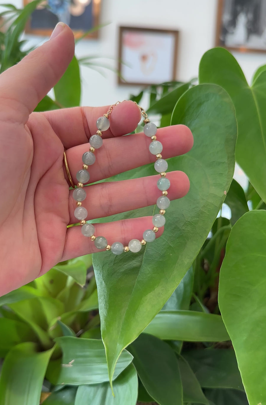 Baikalla High Genuine Ice Jadeite Jade Round Beads Bracelet With 18K Yellow Gold Clasp ( 6.5 mm )