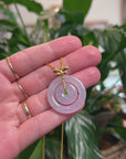 Baikalla 18K Yellow Gold Dragonfly Bail "Double Ping An Kou" (Good Luck Button) Natural Icy Light Lavender W/ Grey Wuji Flecks Jadeite Jade Pendant
