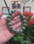Baikalla Natural Vibrant Green & Black Wuji Jadeite Jade Round Bead Bracelet (13.5mm)