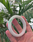 Natural "Moss In Snow" White Base Green Flower Jadeite Jade Bangle Bracelet (56.3mm) 