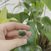 Baikalla Sterling Silver Oval Green Nephrite Jade Men's Adjustable Signet Ring With Zircon
