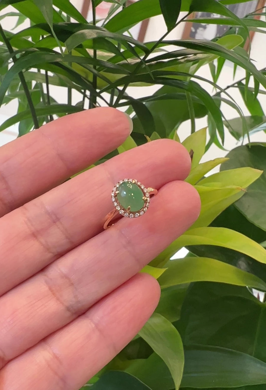 Baikalla 18k Rose Gold Natural Imperial Green Oval Jadeite Jade Engagement Ring With Diamonds