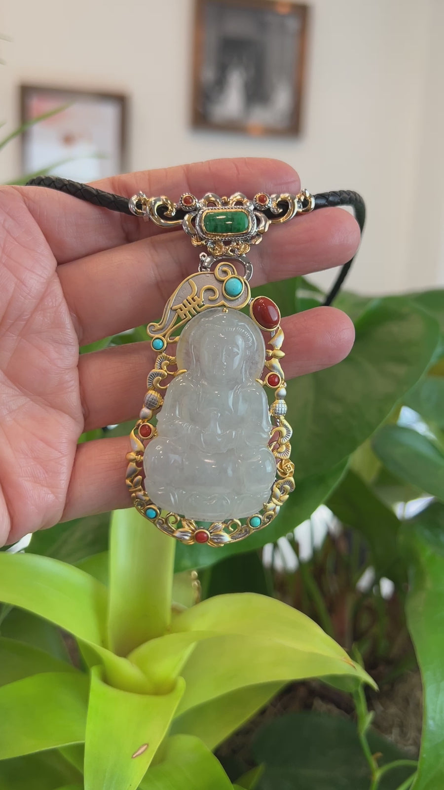 Genuine Burmese Ice White Jadeite Jade Guanyin Pendant Necklace
