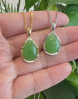 14K Gold Genuine Green Apple Green Jade Tear Drop Pendant Necklace