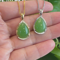 14K Gold Genuine Green Apple Green Jade Tear Drop Diamond Cut Pendant Necklace