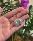 Baikalla "Ping An Kou" (Good Luck Button) White W/ Blue-Green Flower Patch Jadeite Jade Pendant Necklace