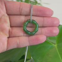 "Good Luck Button" Green Nephrite Jade Pendant Necklace Bamboo Style