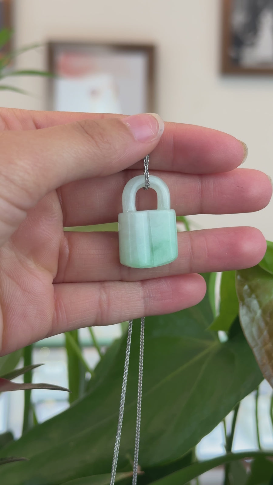 Baikalla Genuine Ice White-Green Jadeite Jade Lock Necklace Pendant