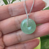 18K White Gold "Good Luck Button" Necklace Ice Green Jadeite Jade Pendant Necklace