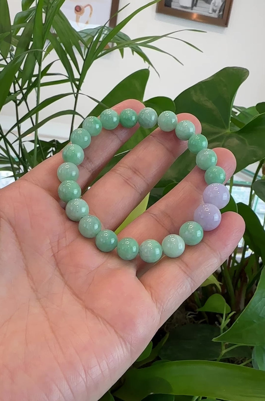 Natural Jadeite Jade Round Green & Lavender Beads Bracelet ( 9 mm )