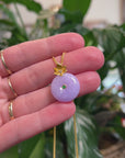 Baikalla 18K Yellow Gold "Ping An Kou" (Good Luck Button) Natural Vixen Lavender Jadeite Jade Pendant W/ Natural Diamonds