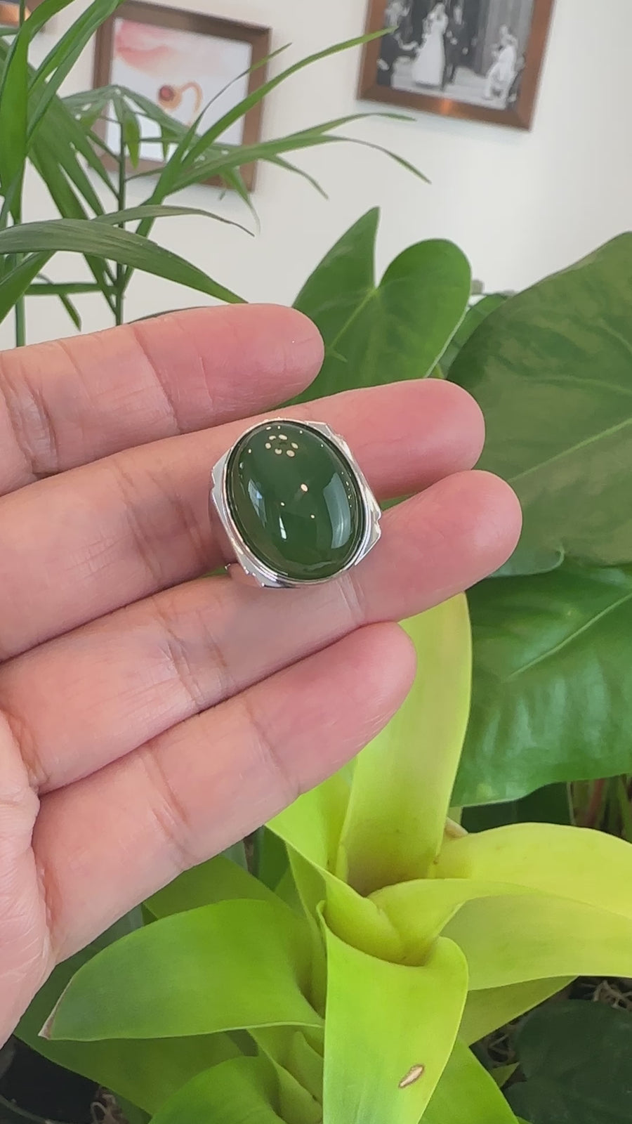 Baikalla Sterling Silver Oval Green Nephrite Jade Men's Ring