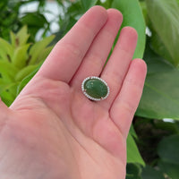 Baikalla™ "Classic Oval With Accents" Sterling Silver Real Green Nephrite Jade Classic Ring For Her