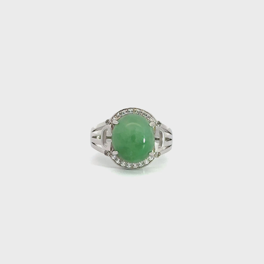 Baikalla™ Sterling Silver Natural Imperial Green Oval Jadeite Jade Ring With White Sapphire