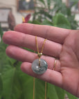 Baikalla "Ping An Kou" (Good Luck Button) Icy Blue-Green Flower Jadeite Jade Pendant W/ 18K Yellow Gold Bail