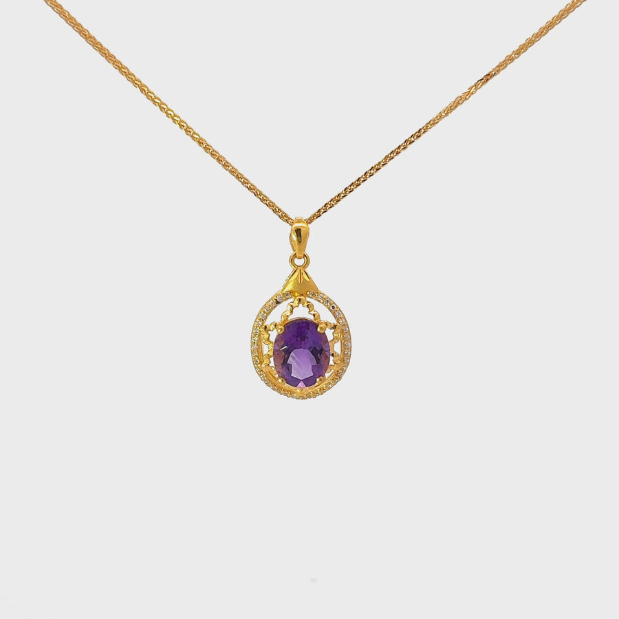 24K Yellow Gold Genuine AA Royal Amethyst Pendant Necklace