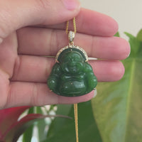 Baikalla™ "Laughing Buddha" 14k Yellow Gold Genuine Nephrite Green Jade Buddha Pendant