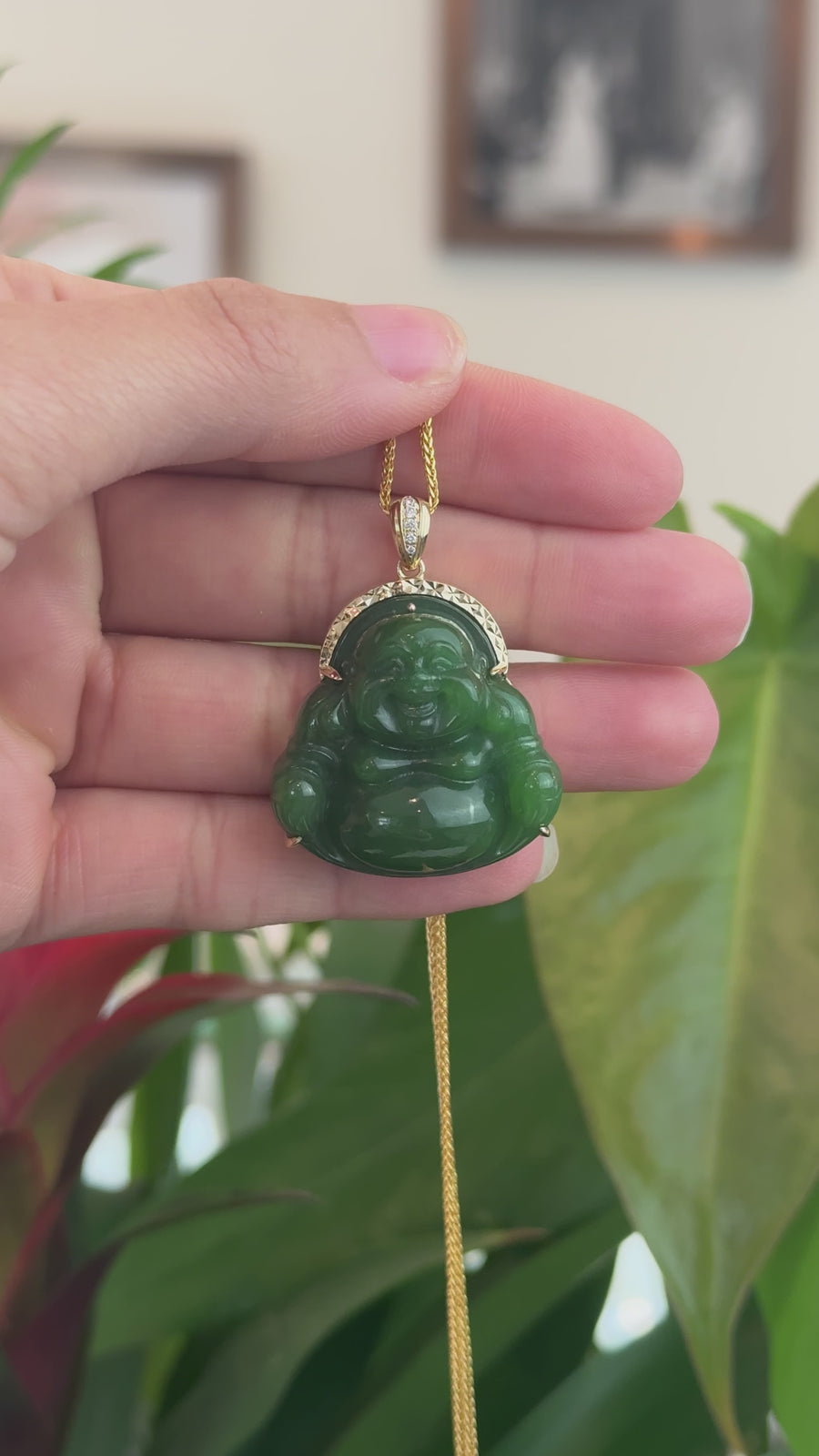 Baikalla™ "Laughing Buddha" 14k Yellow Gold Genuine Nephrite Green Jade Buddha Pendant