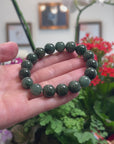 Baikalla Natural Deep Oil-Green Jadeite Jade Round Bead Bracelet (12.8mm)