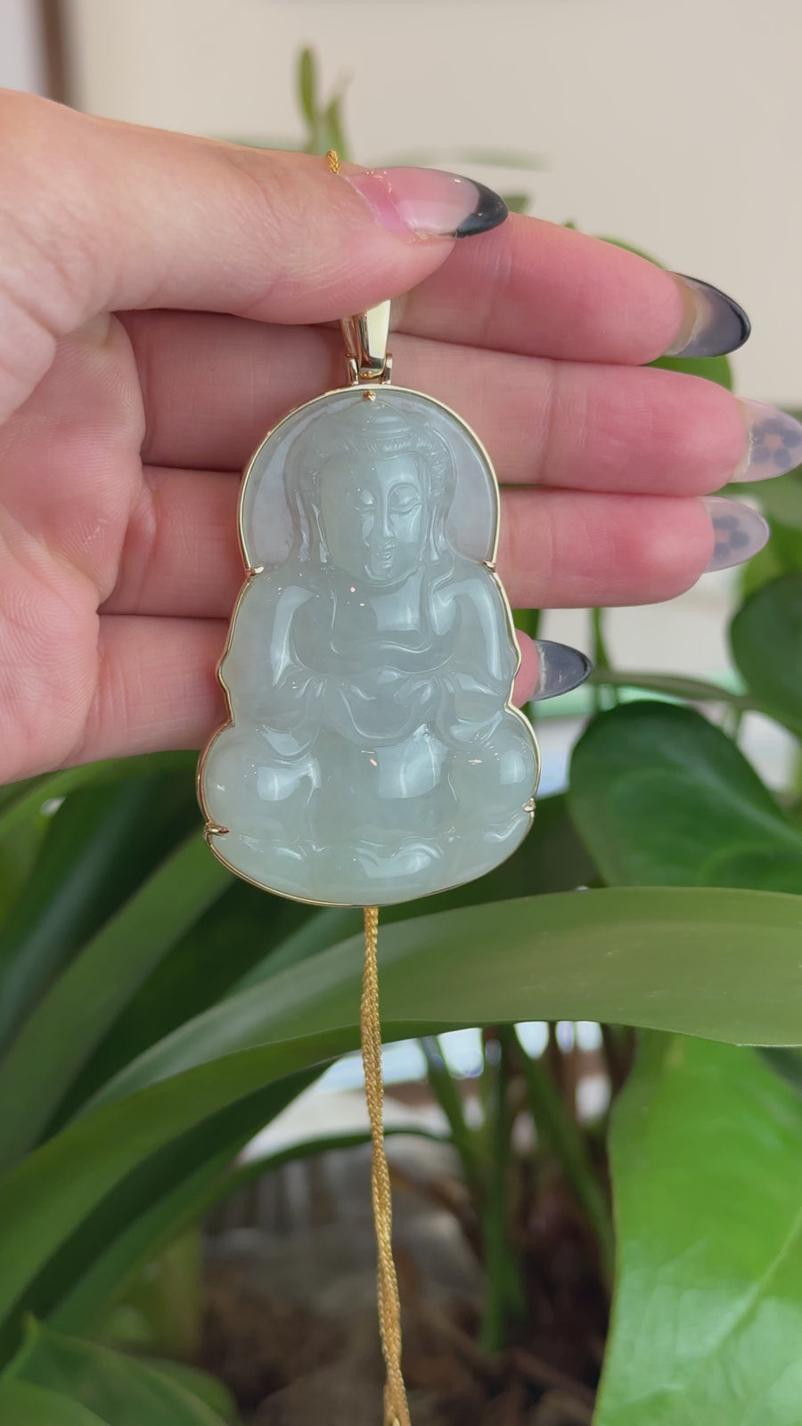 "Goddess of Compassion" 14k Yellow Gold Genuine Burmese Jadeite Jade Guanyin Necklace