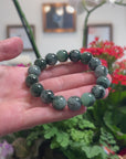Baikalla Natural Vibrant Green & Black Wuji Jadeite Jade Round Bead Bracelet (13.5 mm)