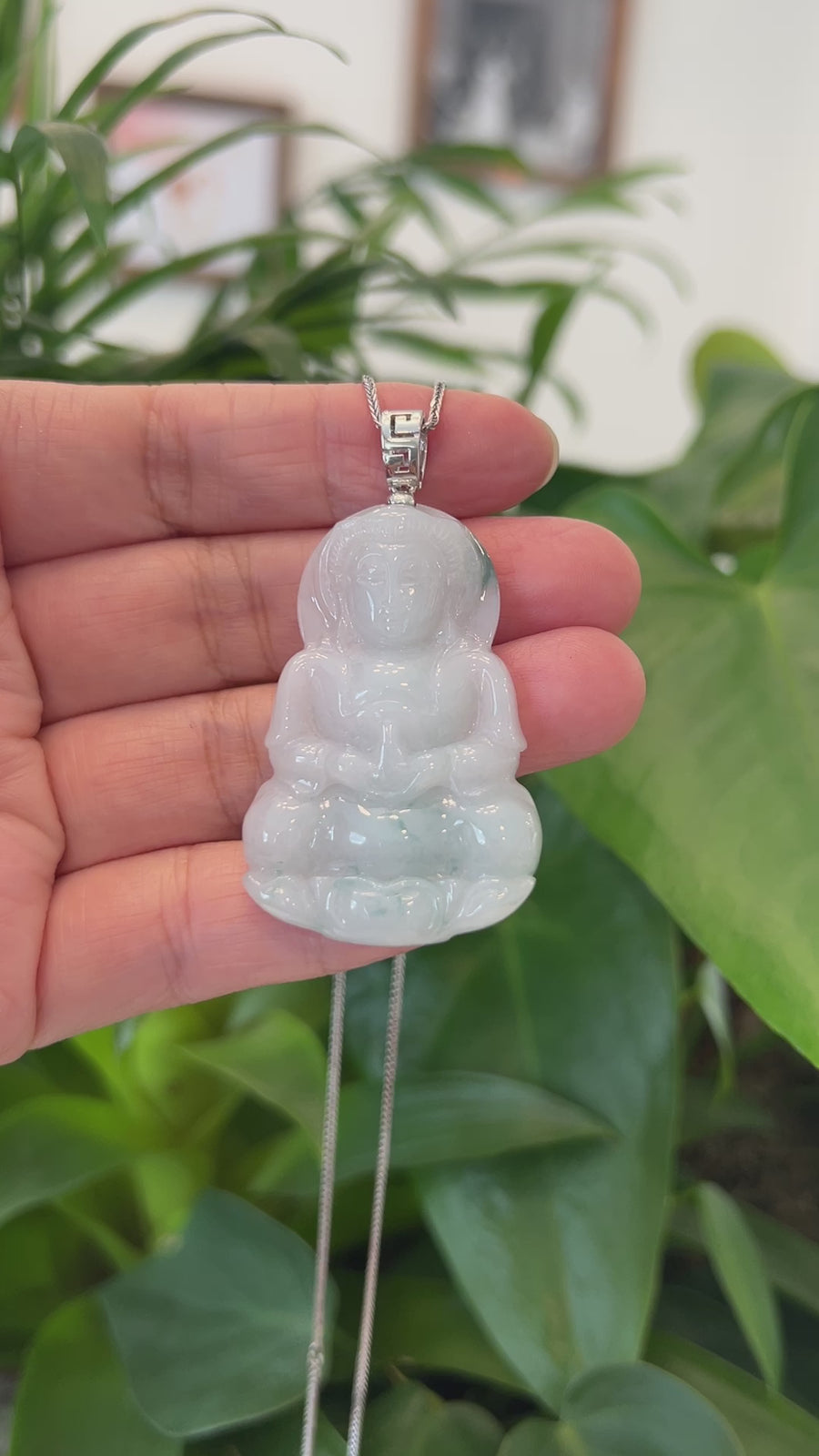 "Goddess of Compassion" Genuine Burmese Ice Blue Jadeite Jade Guanyin Necklace With Good Luck Design Sterling Silver Bail