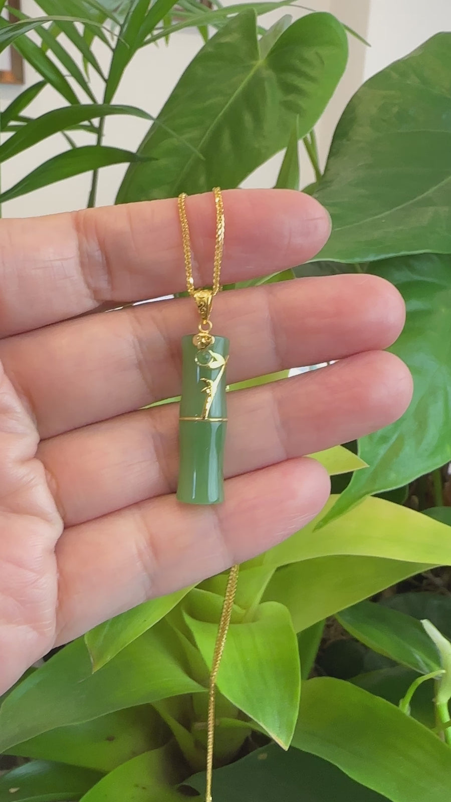 24k Yellow Gold Genuine Nephrite Apple Green Jade Bamboo Pendant Necklace