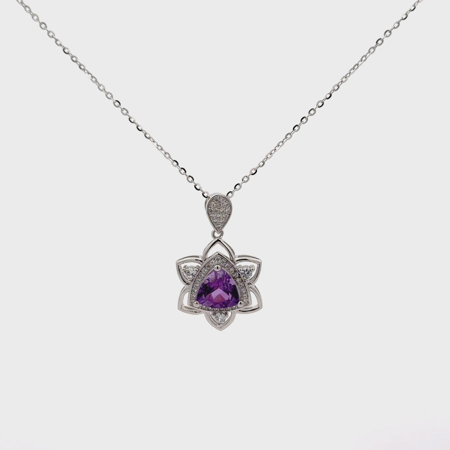 Baikalla Flower Sterling Silver Natural Crown Amethyst Necklace With CZ