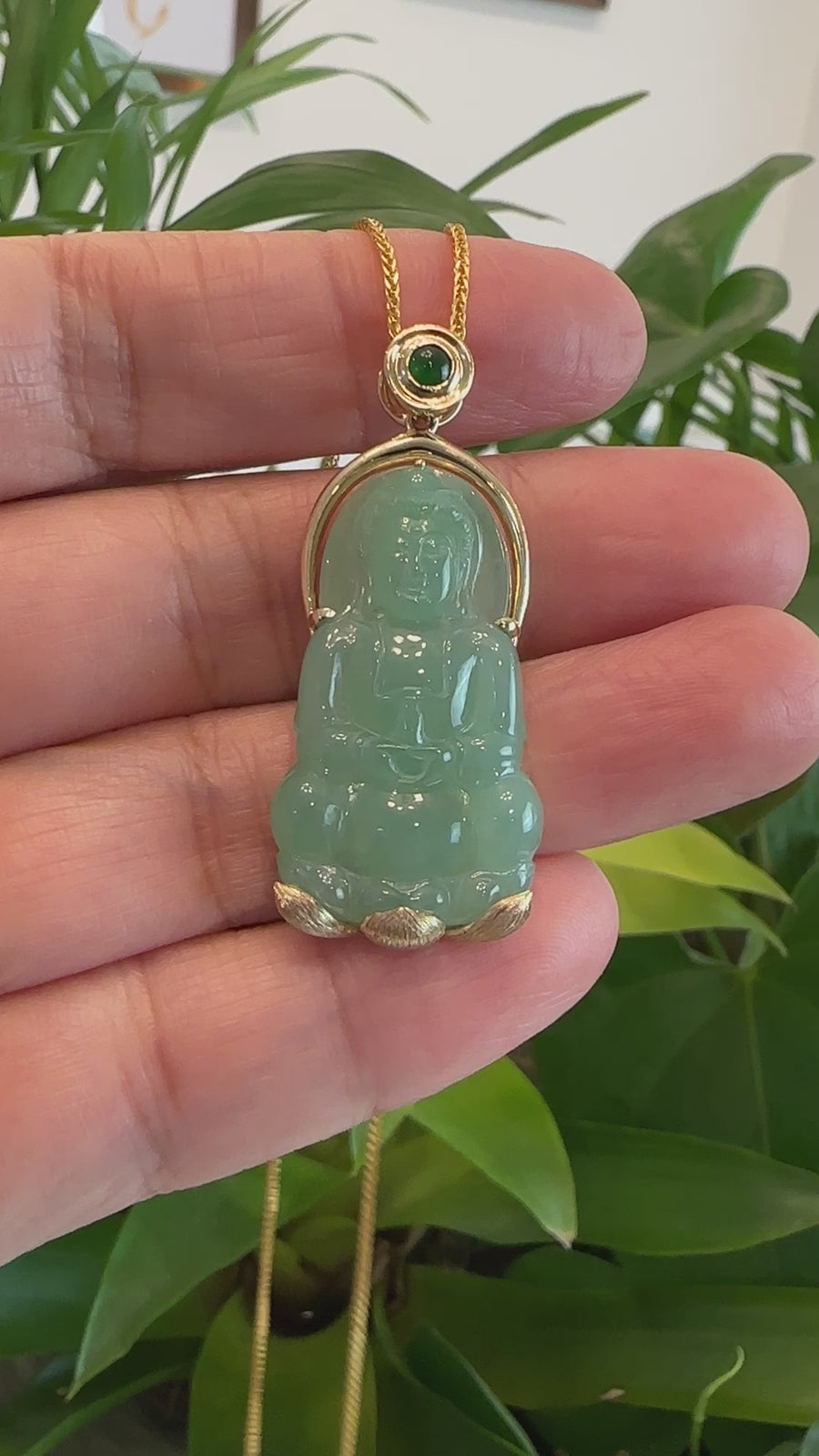 Baikalla 14k "Goddess of Compassion" Genuine Burmese Jadeite Jade Guanyin Necklace