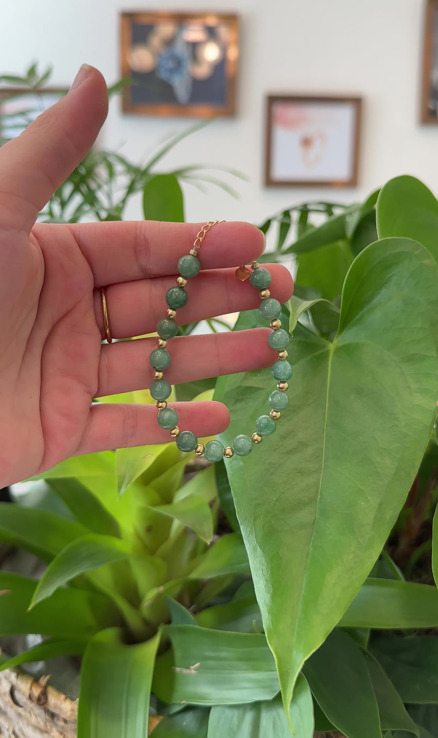 Baikalla Genuine Green Jadeite Jade Round Beads Bracelet With 18K Yellow Gold Clasp and Gold Beads ( 7 mm )