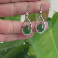 Sterling Silver Genuine Nephrite Green Jade Teardrop Dangle Earrings