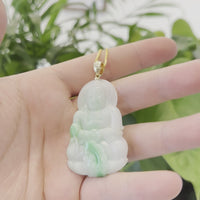"Goddess of Compassion" 14k Yellow Gold Genuine Burmese Jadeite Jade Guanyin Necklace With Good Luck Design