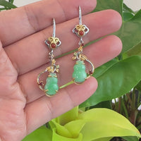 Baikalla Antique Natural Jadeite Jade Sterling Silver Gold Plated Two Tone Dangle Earrings