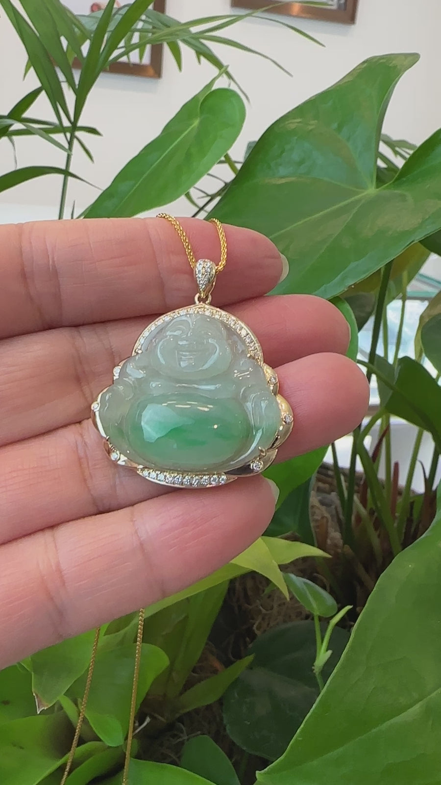 Baikalla "Laughing Buddha" 14k Gold Genuine Green Jadeite Jade with VS1 Diamonds