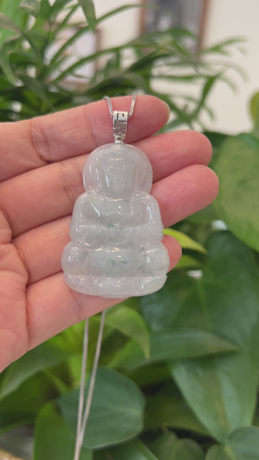 "Goddess of Compassion" Genuine Burmese Ice Blue Jadeite Jade Guanyin Necklace With Good Luck Design Sterling Silver Bail
