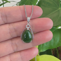Genuine Green Nephrite Jade Tear Drop Pendant Necklace With CZ