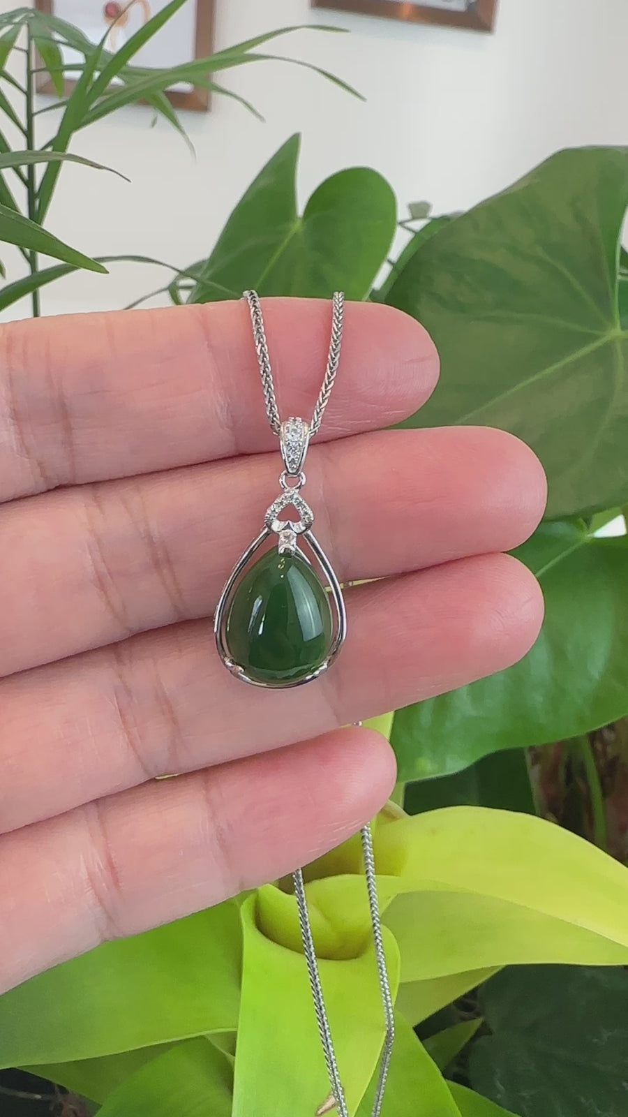 Genuine Green Nephrite Jade Tear Drop Pendant Necklace With CZ