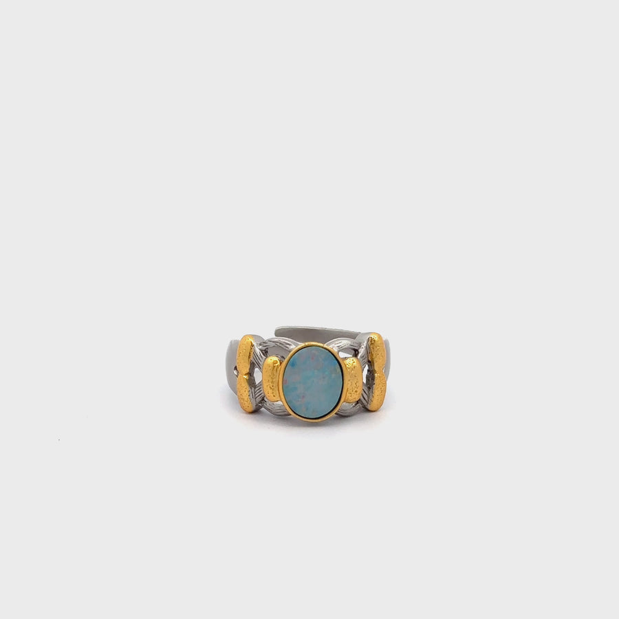 Baikalla Antique Natural Opal Sterling Silver Gold Plated Two Tone Ring