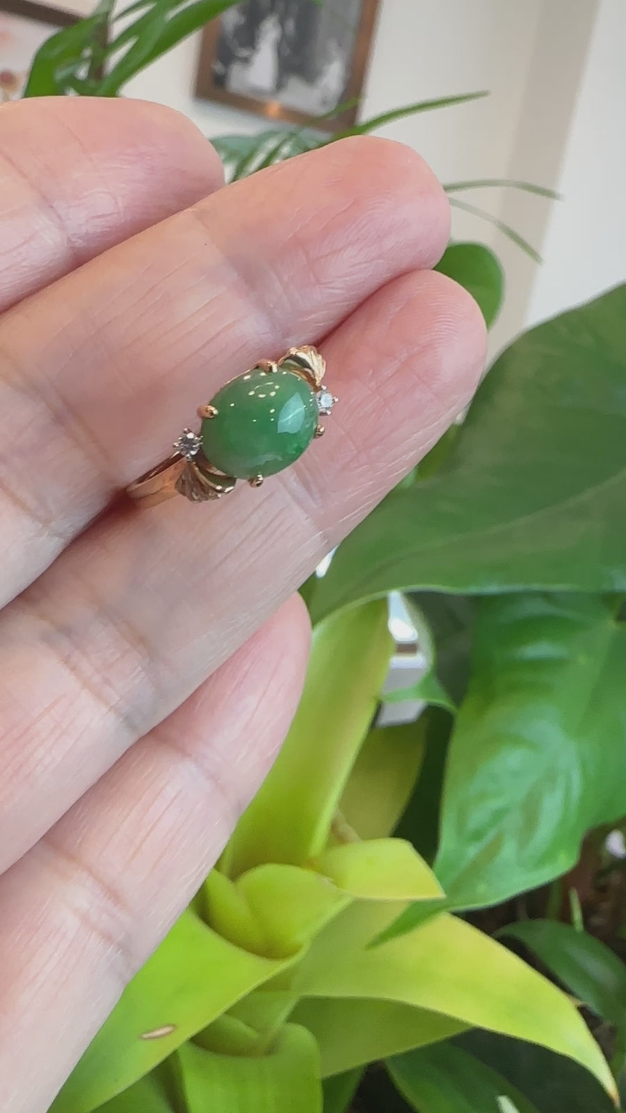 Baikalla™ "Alice" 18k Rose Gold Natural Imperial Green Jadeite Jade Engagement Ring With Diamonds