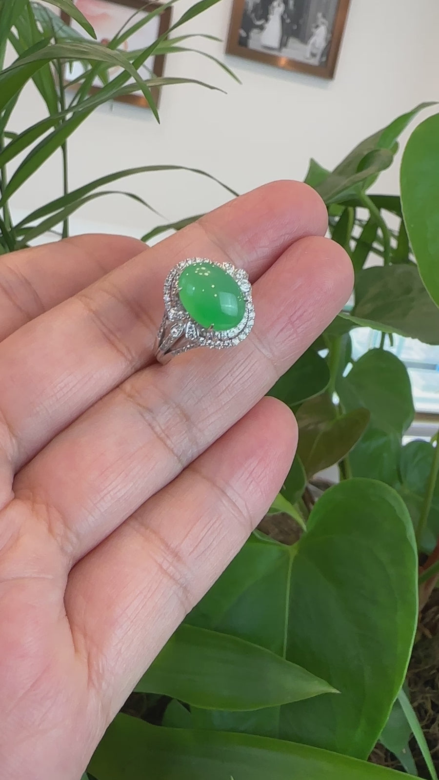 Baikalla 18k White Gold Natural Imperial Green Jadeite Jade Engagement Ring With Diamonds
