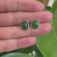 Sterling Silver Genuine Nephrite Green Jade Oval Stud Earrings