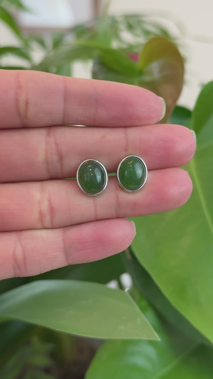 Sterling Silver Genuine Nephrite Green Jade Oval Stud Earrings